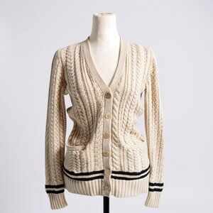 Ralph Lauren Rugby Women’s Cable Knit Cotton Cardigan XS — Cream/Ivory with Navy